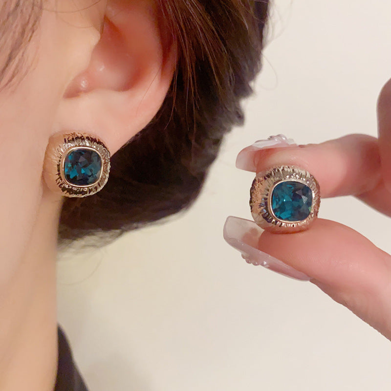 14K Gold-Plated Blue Geometric Square Stud Earrings -Modern Minimalist