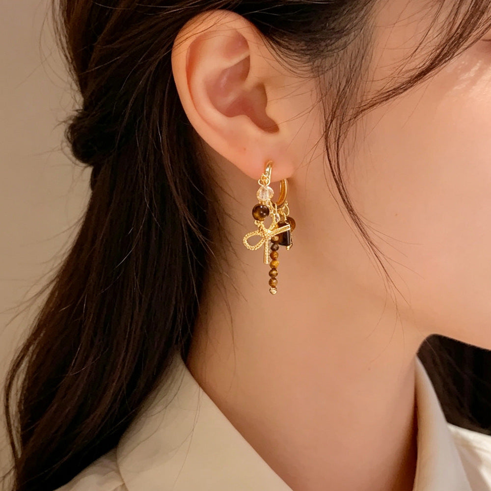 Eaioncol Bow Tiger Eye Tassel Hoop Earrings 14K Gold Plated