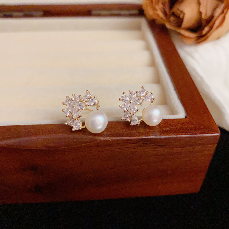 Luxury Zircon Petal & Freshwater Pearl Stud Earrings – Elegant Design