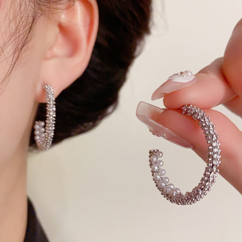 14K Gold Crushed Silver Pearl Hoop Earrings- Chic Minimalist Design