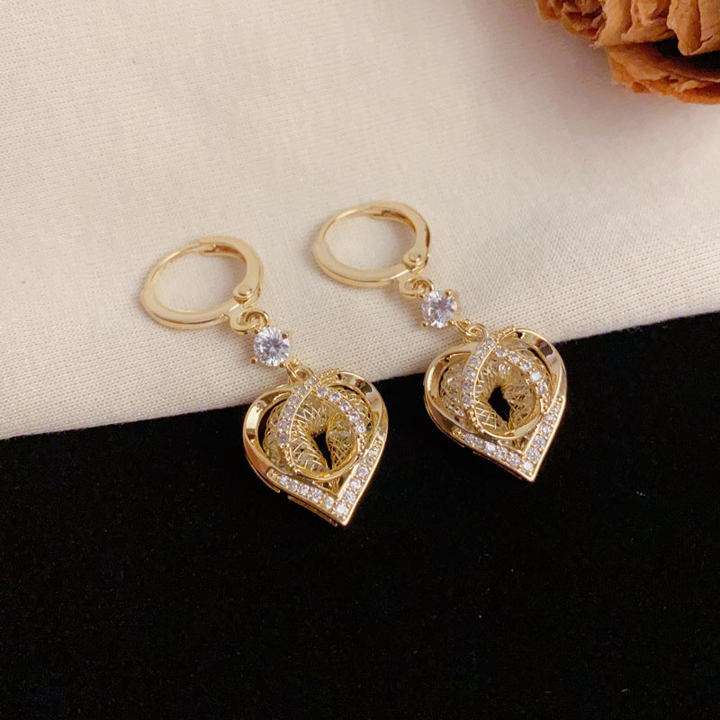 Luxury Zircon Metal Mesh Heart Drop Gold Earrings – Elegant Design