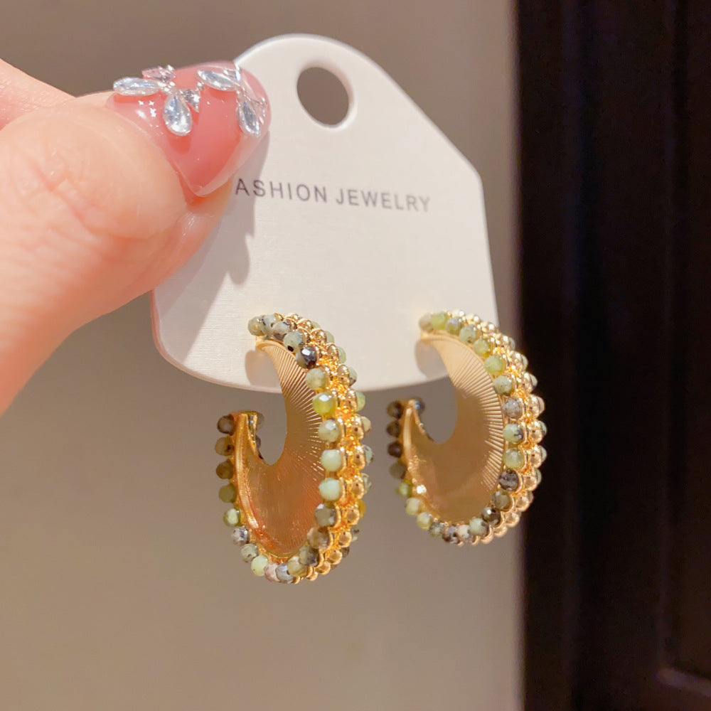 Eaioncol Green Beaded Metal Hoop Earrings 14K Gold Plated