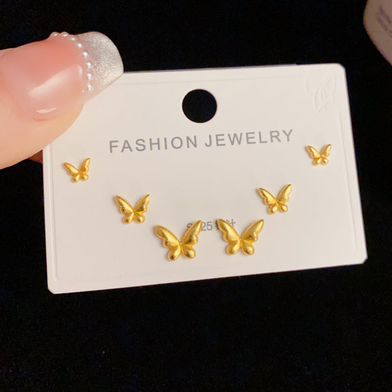 14K Gold Mesh Geometric Trio Stud Earrings - Chic Minimalist Design