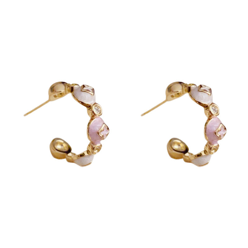 14K Gold Sweet Enamel Color-Block C-Shaped Earrings – Elegant Design