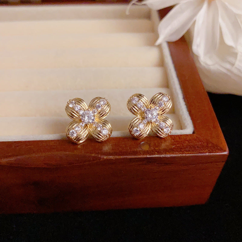 Luxury Zircon Four-Leaf Flower Stud Earrings – Elegant Floral Design
