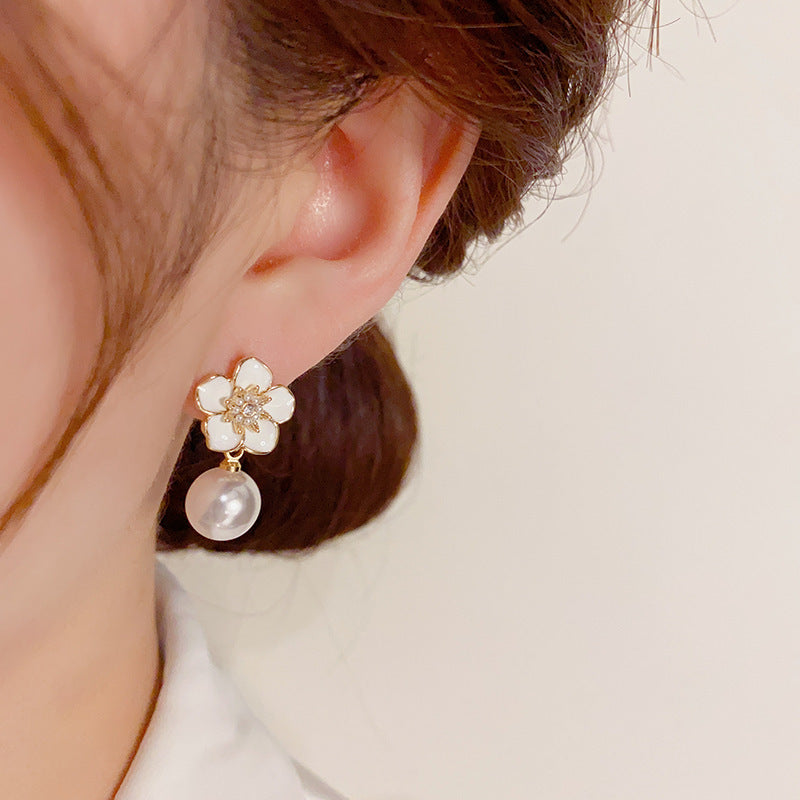 14K Gold-Plated Camellia Pearl Drop Earrings – French Chic Design