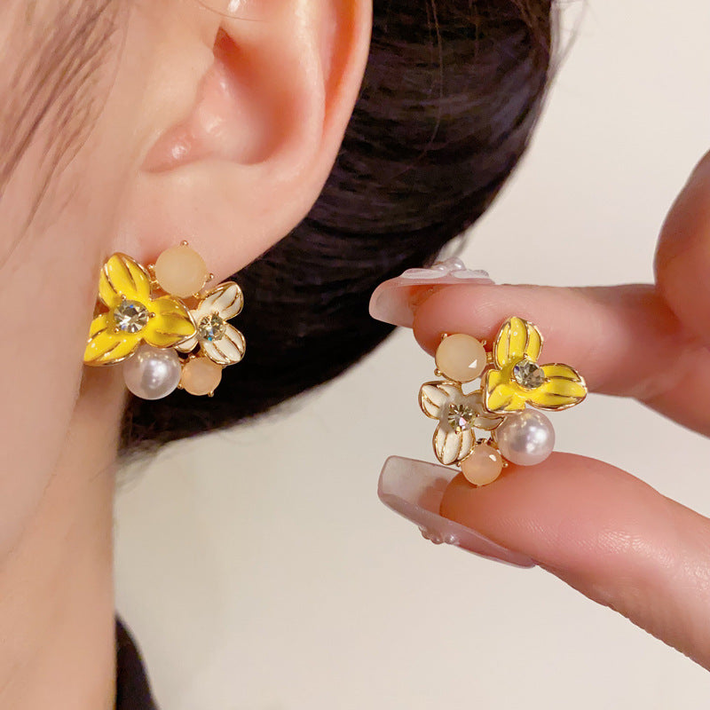 14K Gold-Plated Yellow Flower Pearl Stud Earrings – Minimalist Design