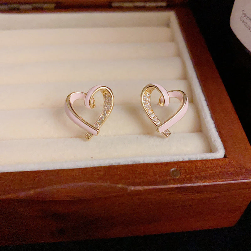 14K Gold Heart-Shaped Zircon Stud Earrings – Sweet & Minimalist Design