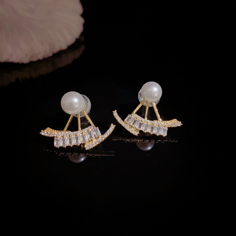 14K Gold Minimalist Pearl Fan-Shaped Front-Back Earrings – Elegant