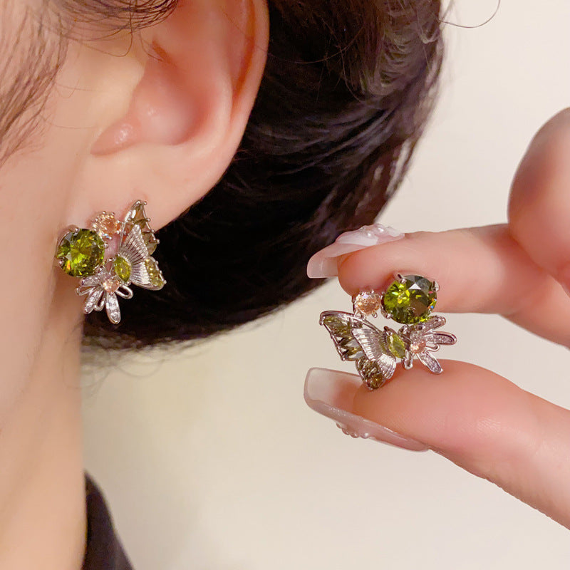 14K Gold Green Rhinestone Butterfly Stud Earrings – Minimalist Style