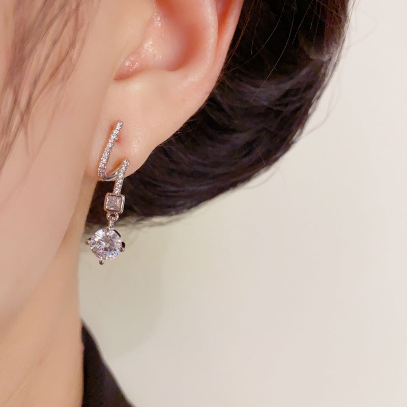 Elegant Zircon Geometric Ring Drop Earrings – Silver Needle Design