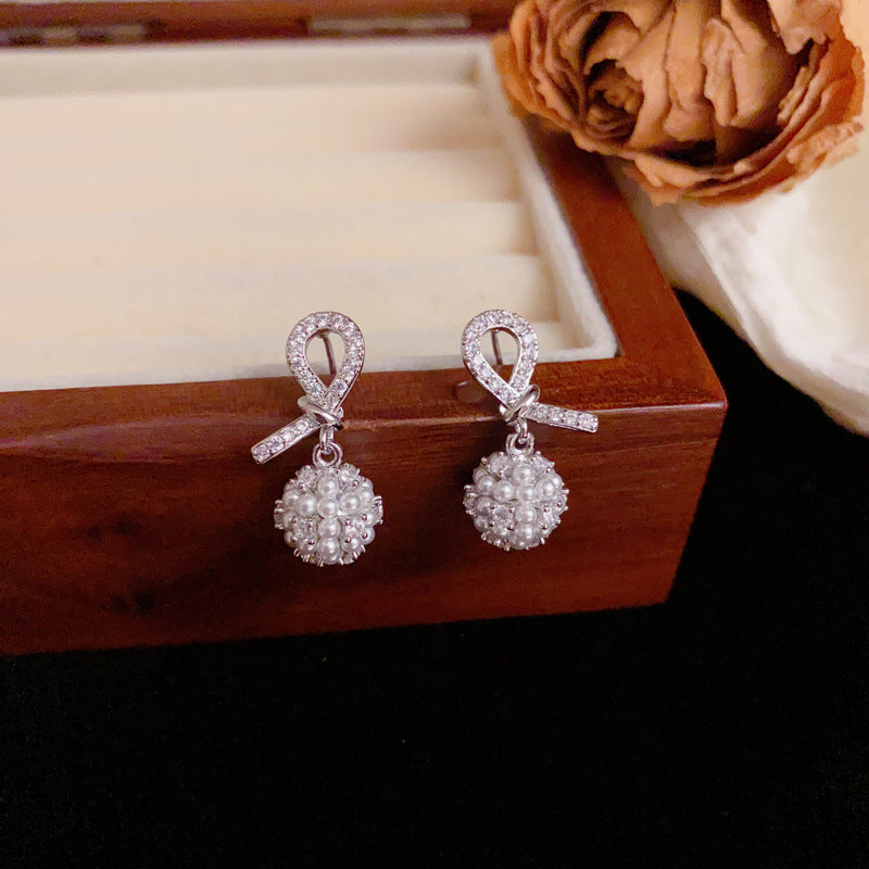 Luxury Zircon Knotted Pearl Ball Drop Earrings – Geometric Design