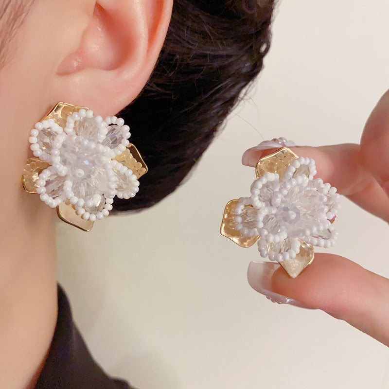 Luxury Beaded Crystal & Petal Stud Flower Earrings – Elegant Design