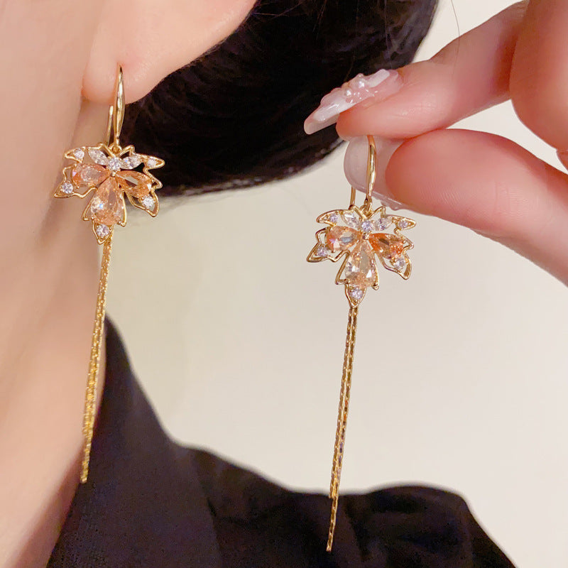 Luxury Zircon Maple Leaf Tassel Ear Hook Earrings – Elegant Design