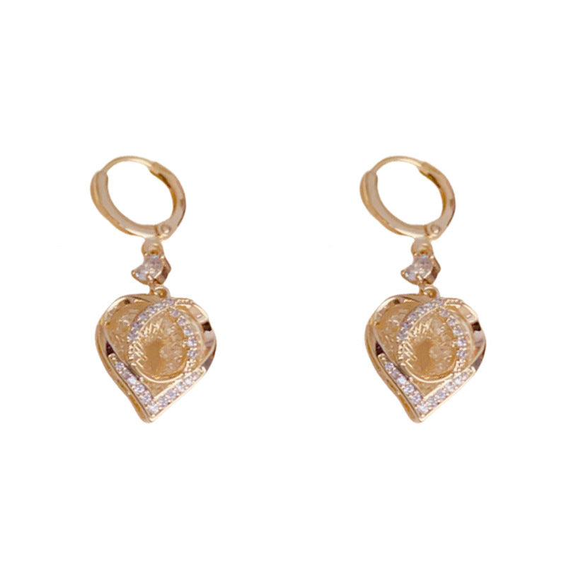 Luxury Zircon Metal Mesh Heart Drop Gold Earrings – Elegant Design