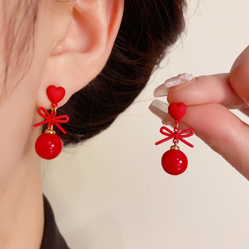 14K Gold-Plated Red Heart Bow Pearl Drop Earrings - Elegant Design