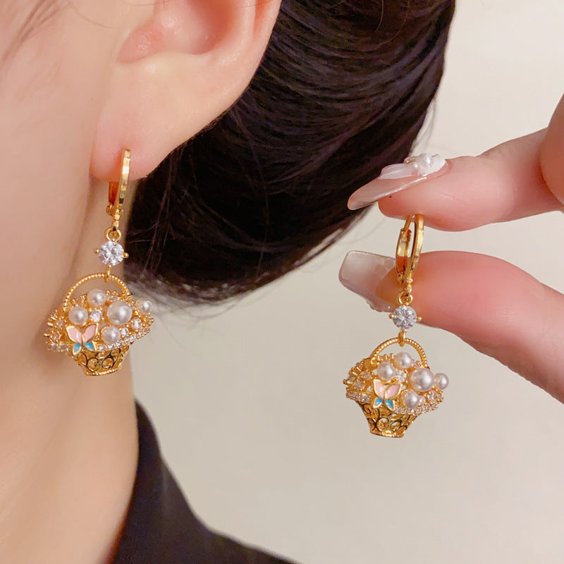 Luxury Pearl Butterfly Flower Basket Earrings – Minimalist design
