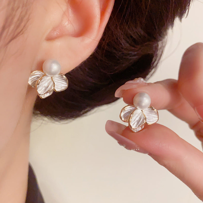Elegant White Enamel Petal & Pearl Stud Earrings – S925 Silver Needle