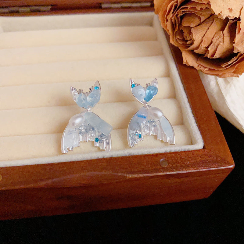 Luxury Blue Crystal Fishtail & Pearl Sliver Earrings – Elegant Design