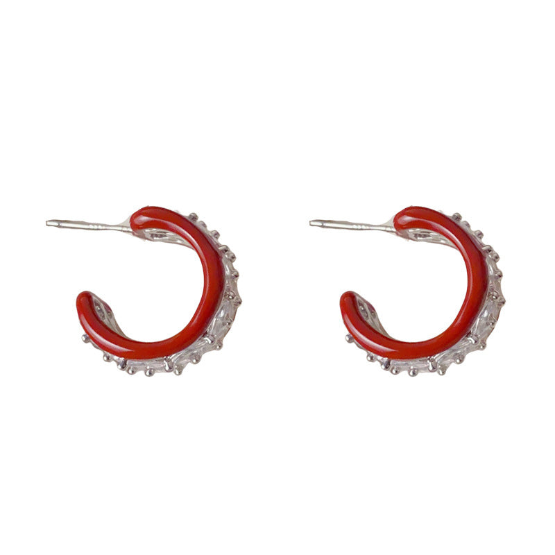 Elegant Full-Zircon Red Drip-Oil C-Hoop Earrings – French Retro Design