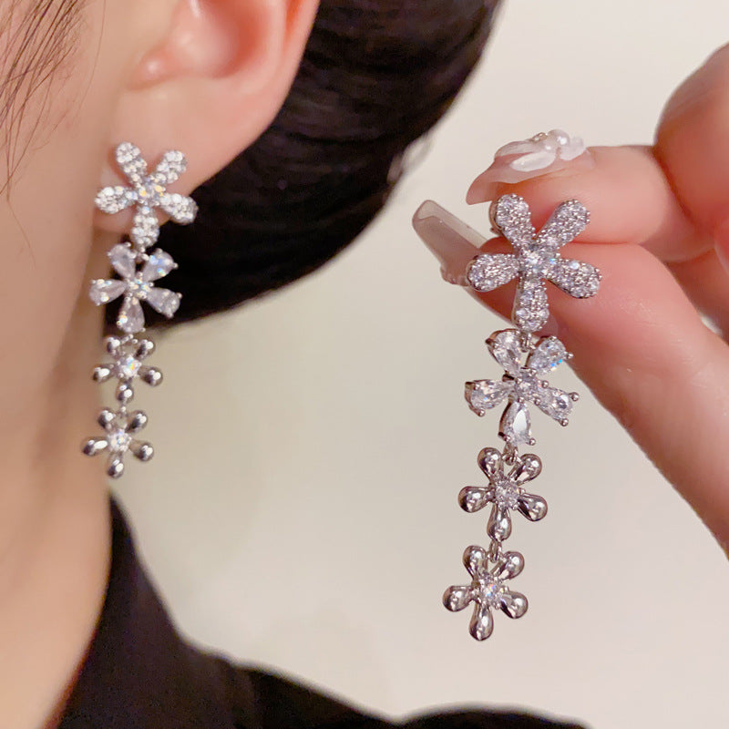 14K Gold Full Zircon Flower Tassel Earrings – Elegant Sweet Style