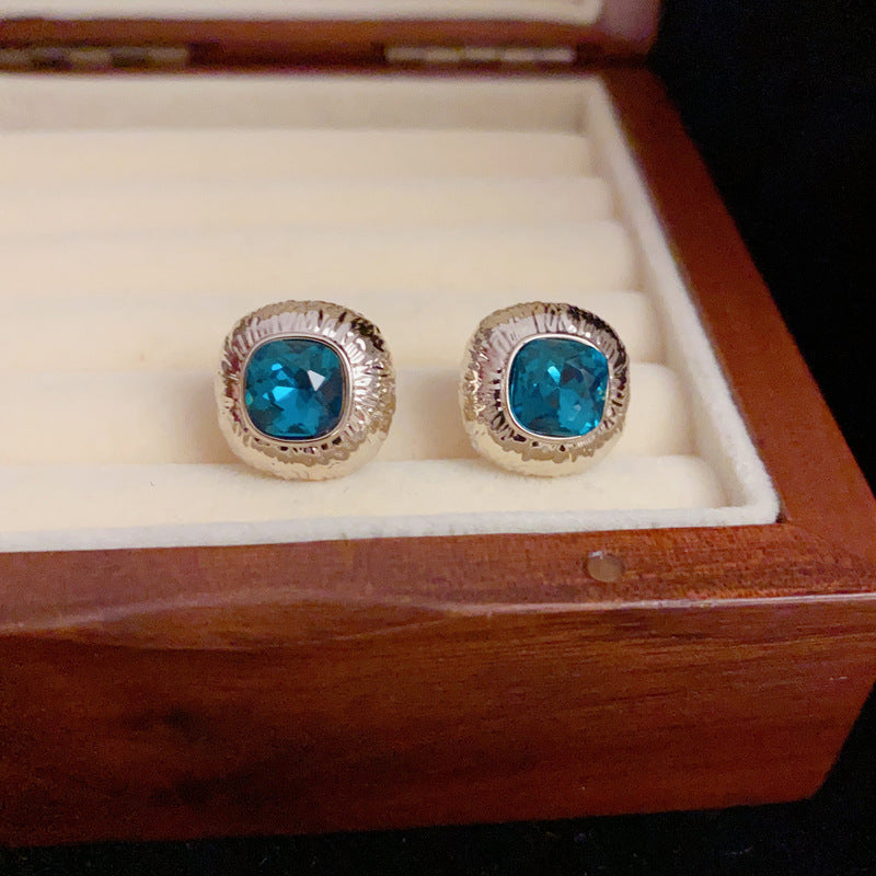 14K Gold-Plated Blue Geometric Square Stud Earrings -Modern Minimalist