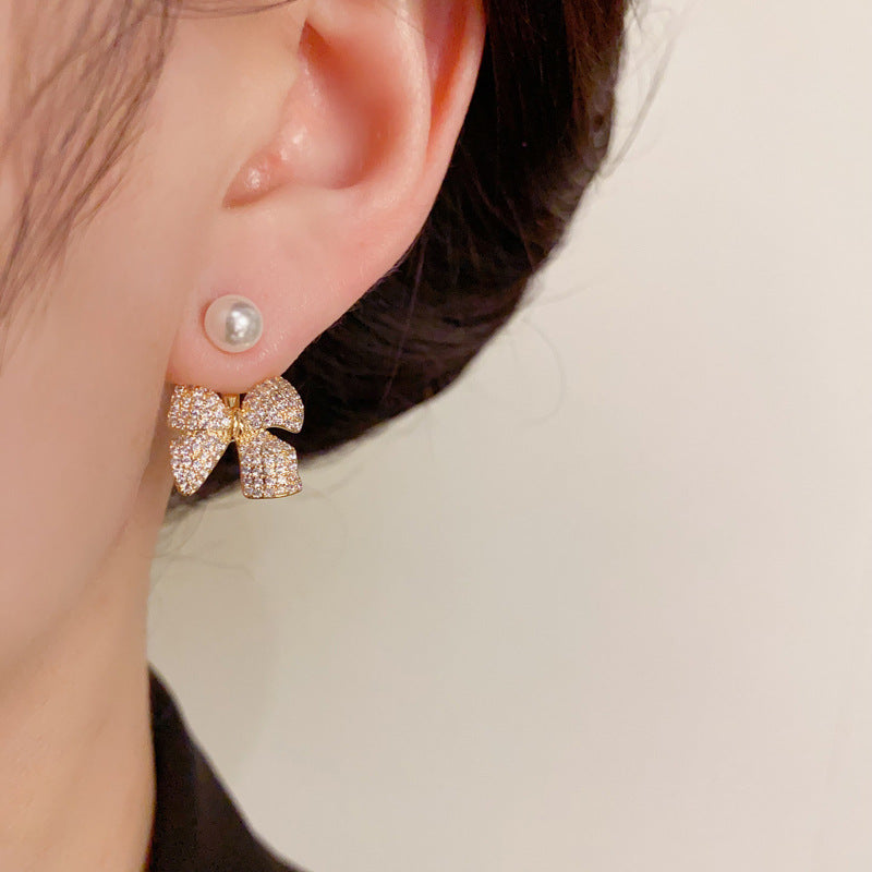 14K Gold-Plated Zircon Bow Pearl Dual Stud Earrings - Elegance Design