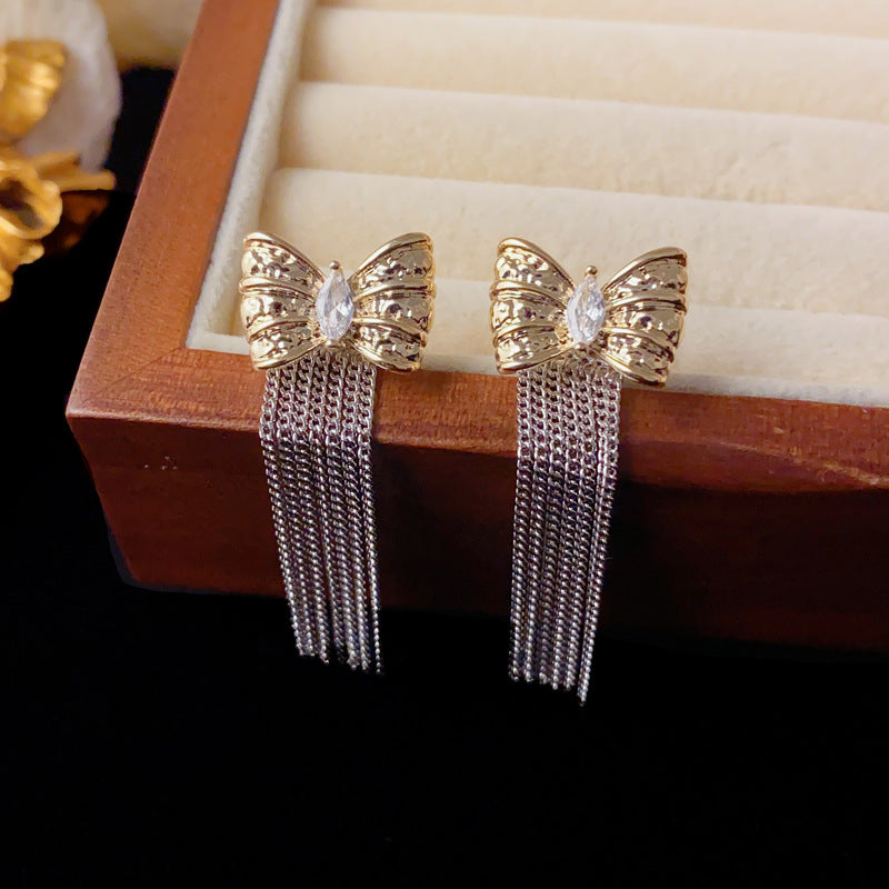 Luxury 2-Tone Butterfly Two-Way Tassel Drop Earrings – Elegant Design