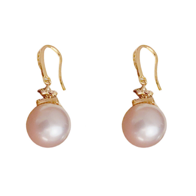 14K Gold Zircon Pearl Drop Earrings – Elegant French Chic Design