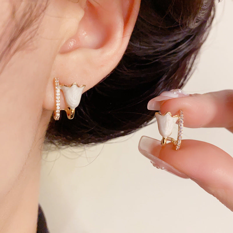 14K Gold Enamel Tulip Stud Earrings – Sweet & Minimalist Floral Design
