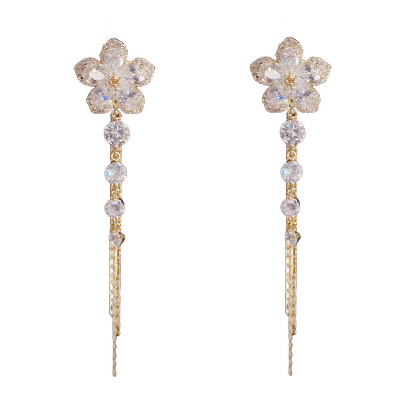 Luxury Zircon Flower Long Tassel Drop Gold Earrings – Floral Design