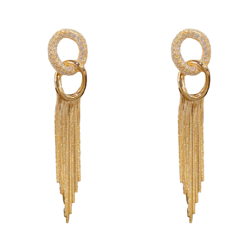 14K Gold-Plated Zircon Hoop Tassel Drop Earrings - Elegant Statement