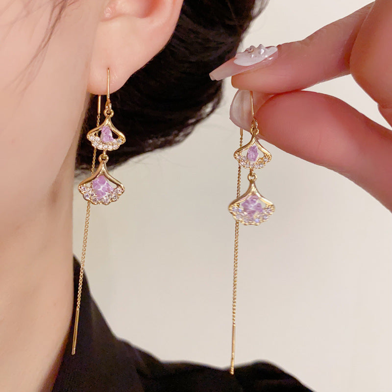 14K Gold Purple Ginkgo Leaf Tassel Earrings - Chic Elegance Design
