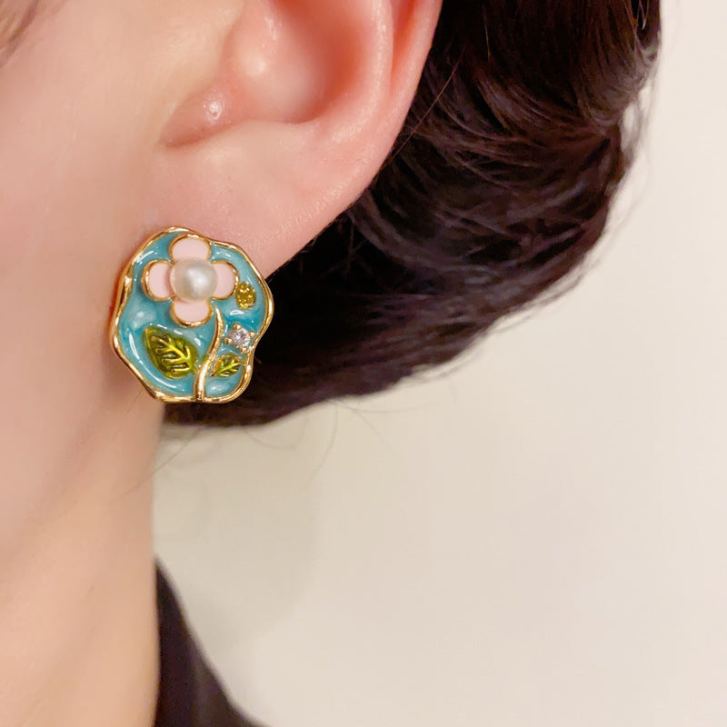 French-Style Enamel 3D Flower Drop Earrings – S925 Silver Needle