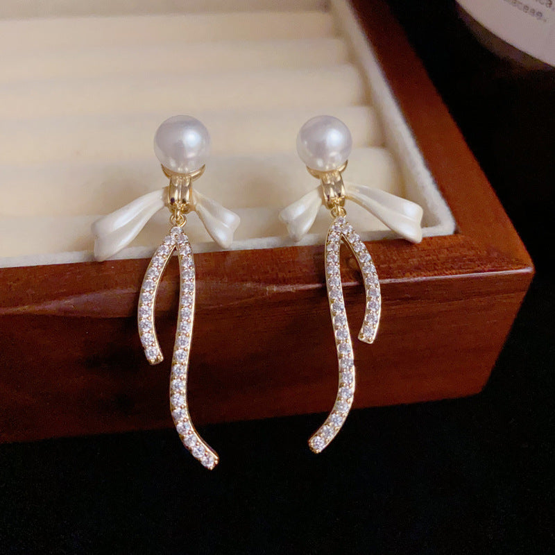 14K Gold-Plated Pearl Bow Drop Earrings – Elegant Feminine Style