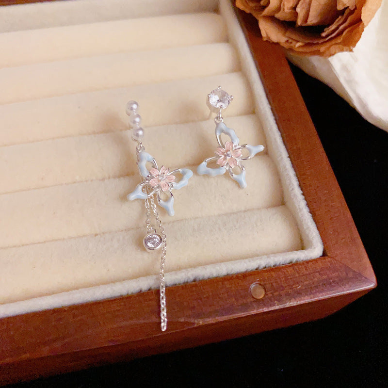 Enamel Flower & Butterfly Asymmetric Drop Earrings – Elegant Design