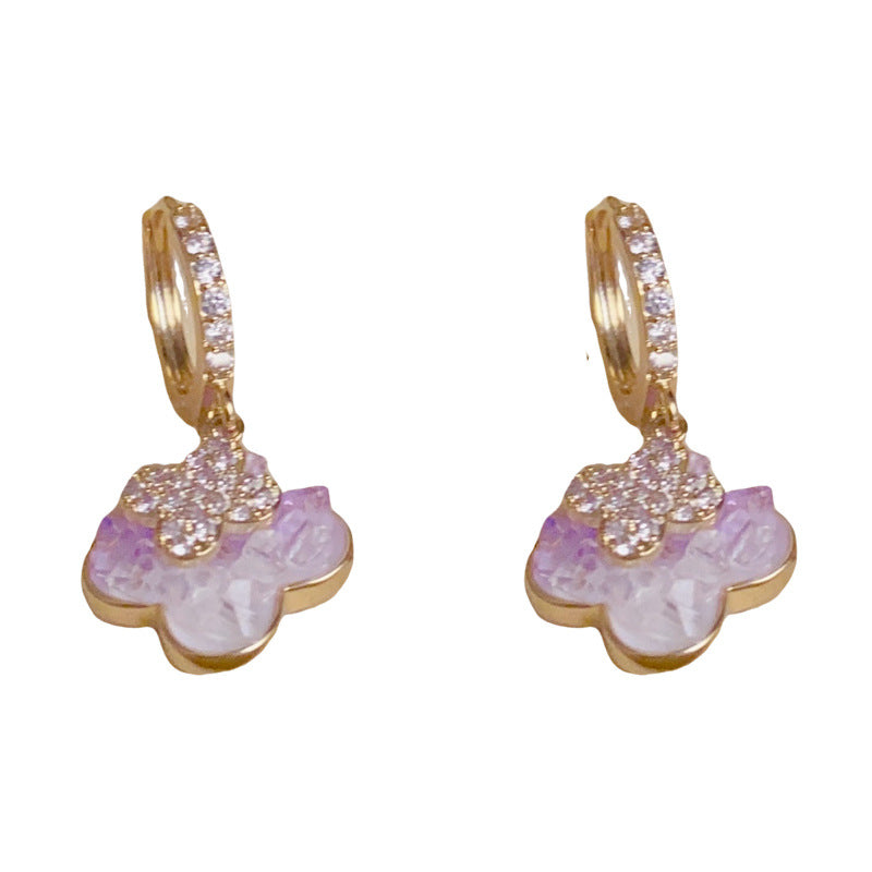14K Gold Zircon Crystal 4-Leaf Flower Huggie Earrings – Elegant Design