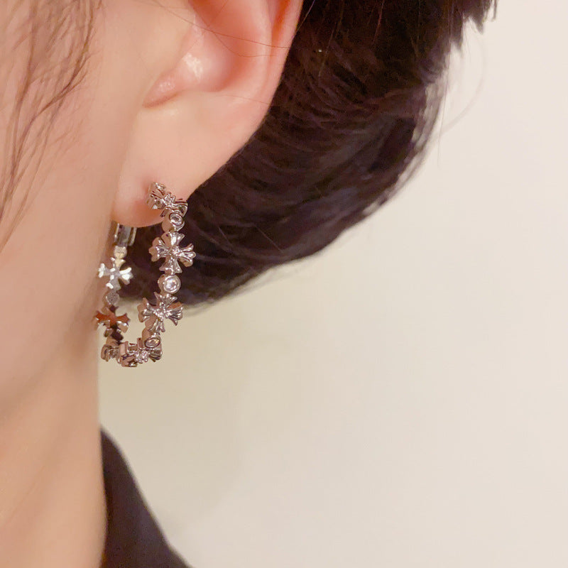 Luxury Metal Cross Hoop Earrings – Silver Needle Geometric Design