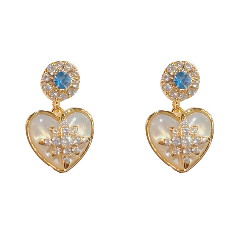 14K Gold Zircon Star & Mother-of-Pearl Heart Earrings – Elegant Design