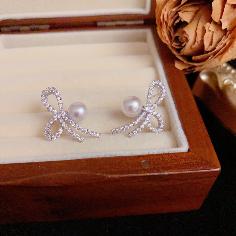 14K Gold Luxury Zircon Bow & Pearl Stud Earrings – S925 Silver Needle