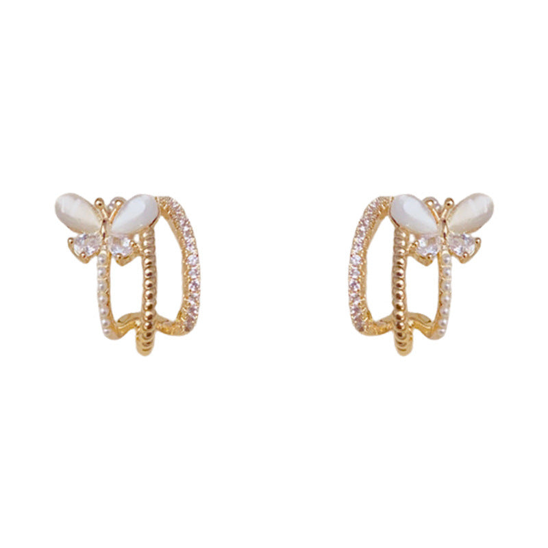 Zircon Butterfly Multi-Layer Arc Stud Earrings – S925 Silver Needle