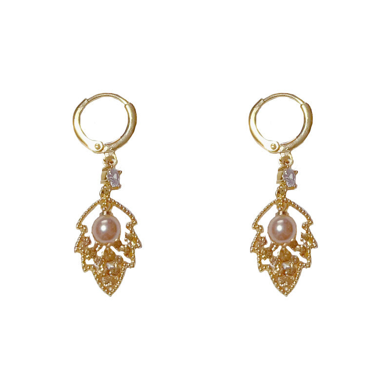 14K Gold-Plated Coffee Hollow Leaf Pearl Earrings - Minimalist Design