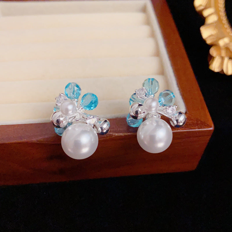 Luxury Blue Crystal & Pearl Stud Elegant Earrings – Geometric Design