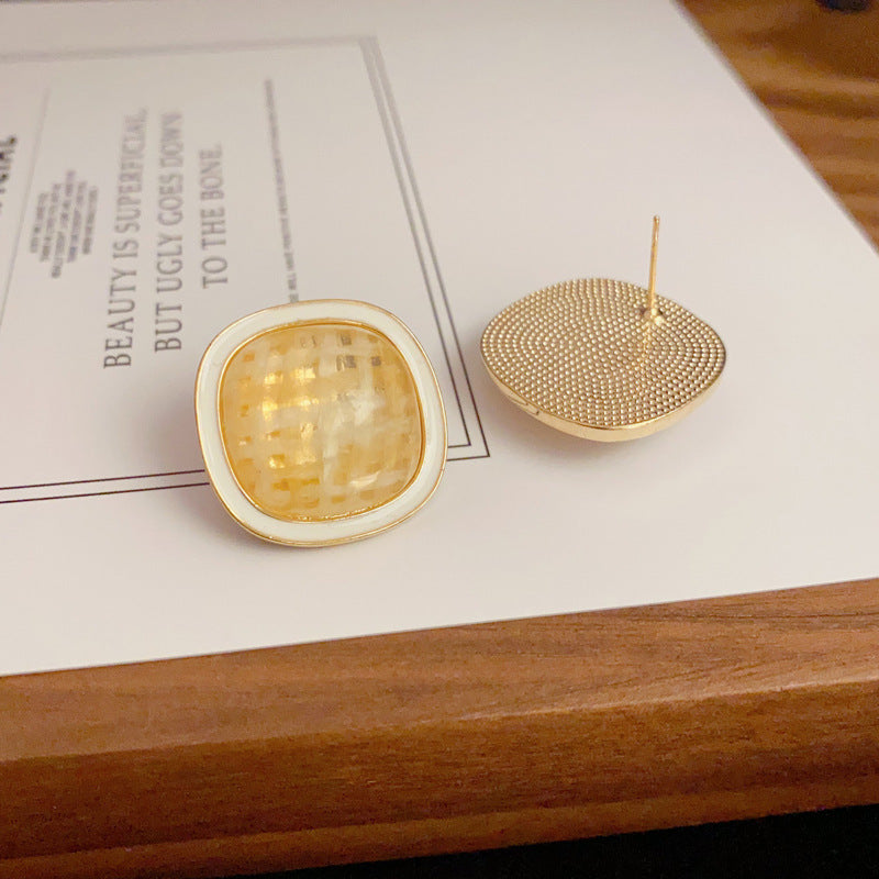 14K Gold Striped Enamel Square Stud Earrings – Modern Geometric Design