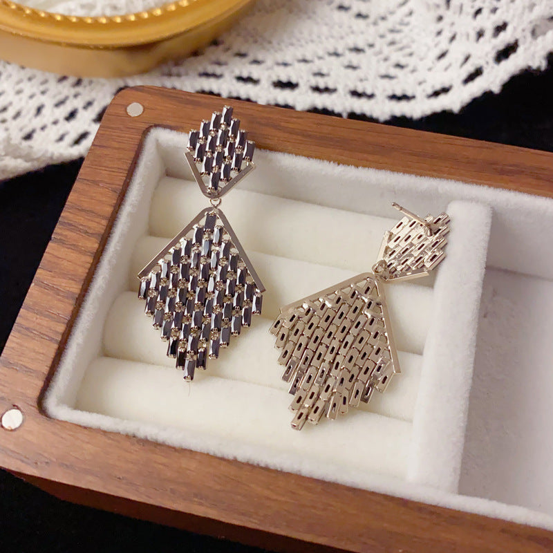 Luxury Zircon Geometric Rhombus Tassel Drop Earrings – Elegant Design