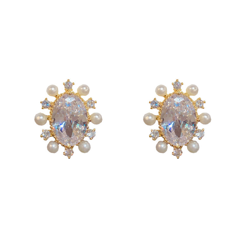 14K Gold-Plated Pearls&Zircon Sunflower Stud Earrings - Elegant Design