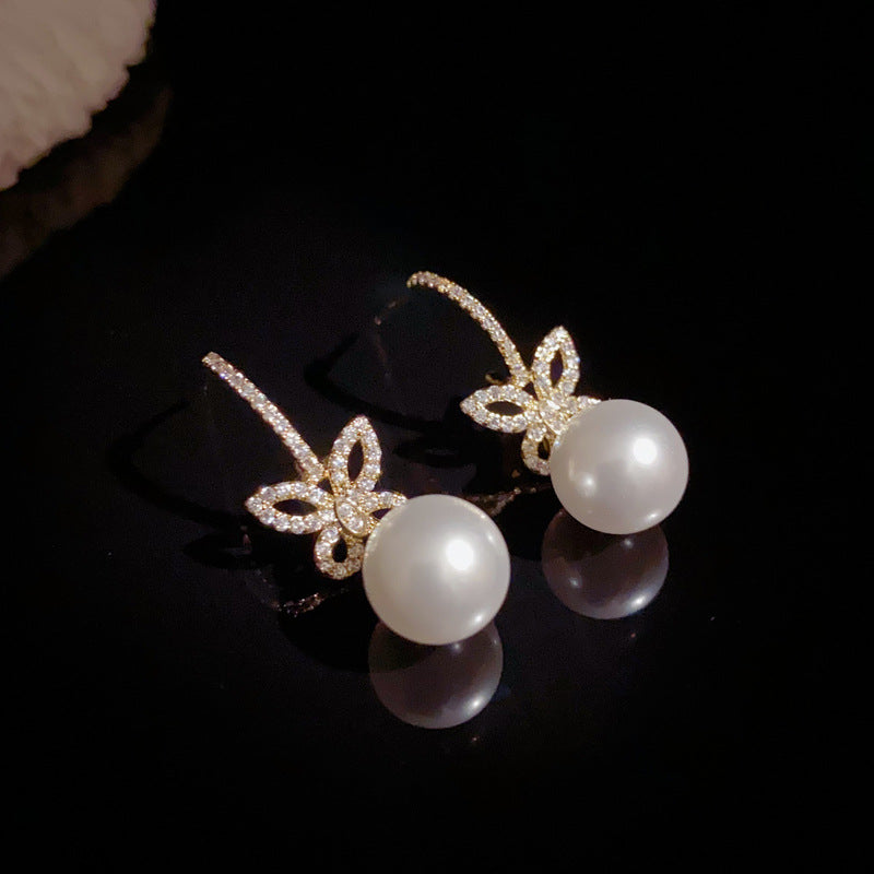 14K Gold-Plated Zircon Butterfly Pearl Earrings – Elegant Drop Design