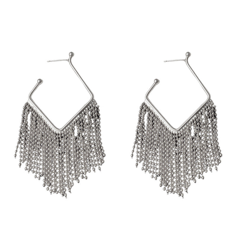 Luxury Metal V-Shaped Bead Chain Tassel Earrings – Geometric Design
