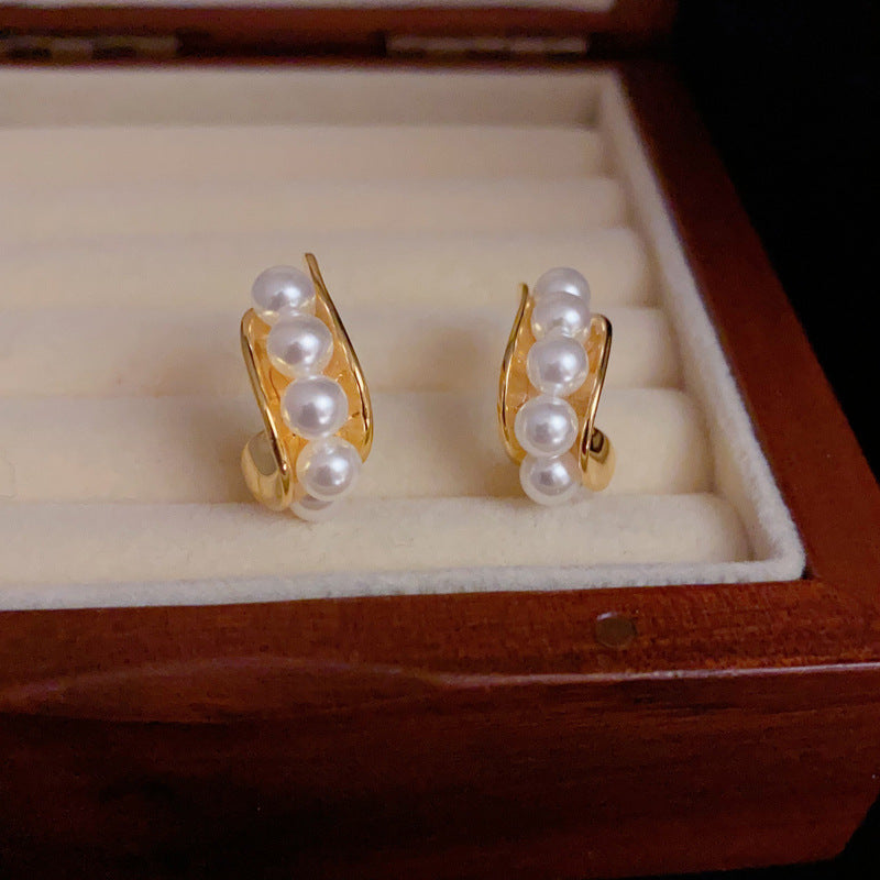 14K Gold-Plated Metal Pearl C-Shaped Hoop Earrings - Elegant Design