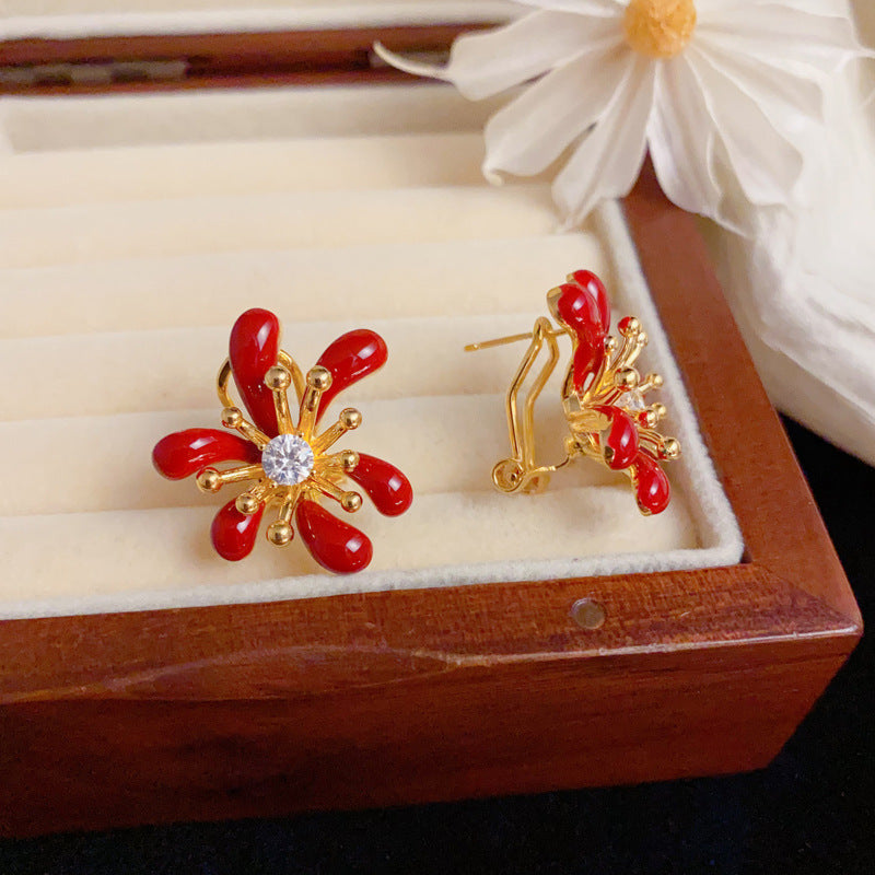 Luxury Zircon Red Firework Earrings – Elegant Floral Design
